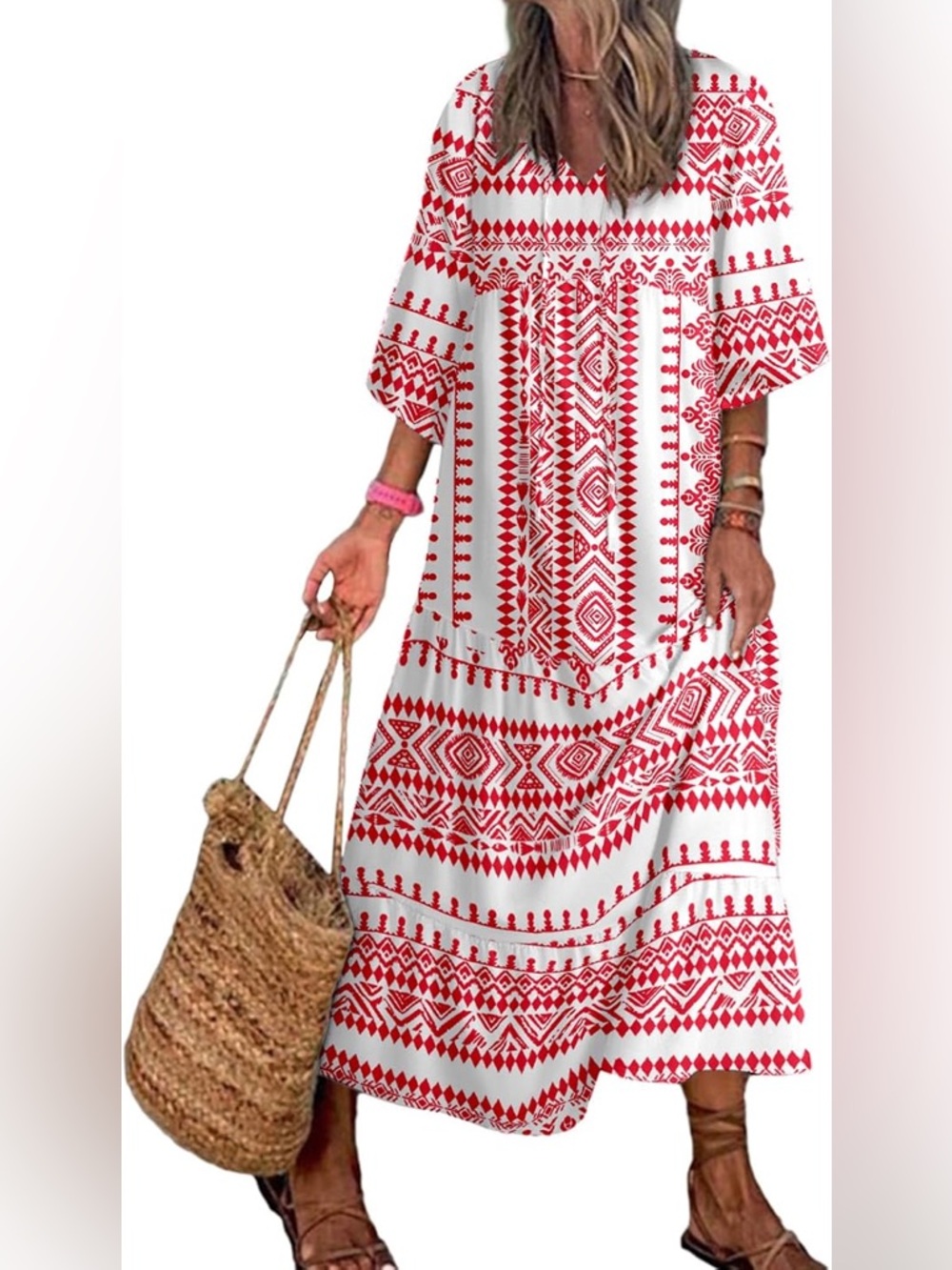 Elegant Red and White Geometric Long Sleeve Dress